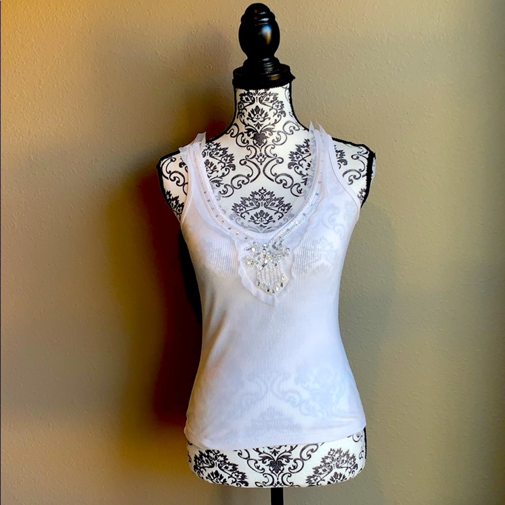 White Ribbed Tank Top w/ Iridescent Beading & Lace *2 for $5*